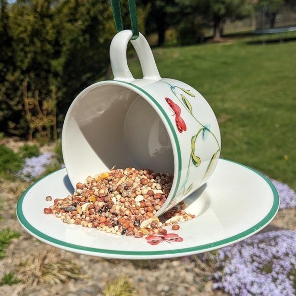 Tea Cup Bird Feeder, Table Top Bird Feeder, Vintage Decor, Cute Garden Decor, Ceramic Feeder, Porcelain Bird Feeder, Hanging Bird Feeder