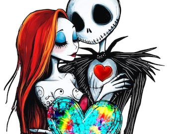 May include: A colorful illustration of Jack Skellington and Sally from the Nightmare Before Christmas movie. They are holding a large heart with a tie-dye pattern. The text "ETCHY SKETCH CUSTOMS" is at the bottom of the image.