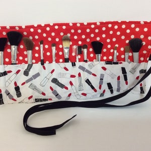Cosmetic Brush Roll, Lipsticks, Red Polka Dot