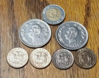 7 Ecuador coins 4-1946 5 Centavos, 1-1974, 1-1975 1 Sucre, 1-1995 100 Sucres