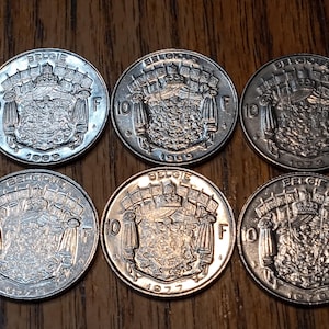 6 Belgium 10 Franc coins