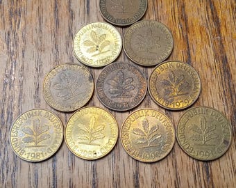 10 Germany Federal Republic 10 Pfennig Coins 1966-F, 1972-F, 1972-G, 1977-J, 1978-F, 1979-D, 1981-G, 1988-F, 1990-J, 1991-D
