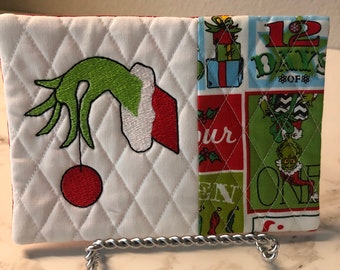 Grinch Mug Rug,Coaster,gift,Christmas gift, Coffee Lover,Hostess Gift, Fabric Coaster, teacher gift,