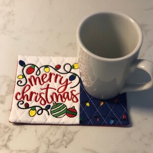 NEW MERRY CHRISTMAS lights Mug Rug, Christmas Coasters,stocking stuffer, Coffee Lover,Hostess Gift, Fabric Coaster, stocking stuffer image 2