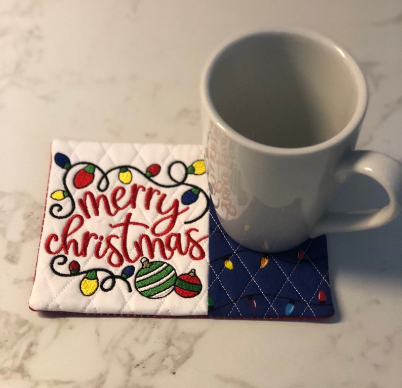 NEW MERRY CHRISTMAS lights Mug Rug, Christmas Coasters,stocking stuffer, Coffee Lover,Hostess Gift, Fabric Coaster, stocking stuffer image 2