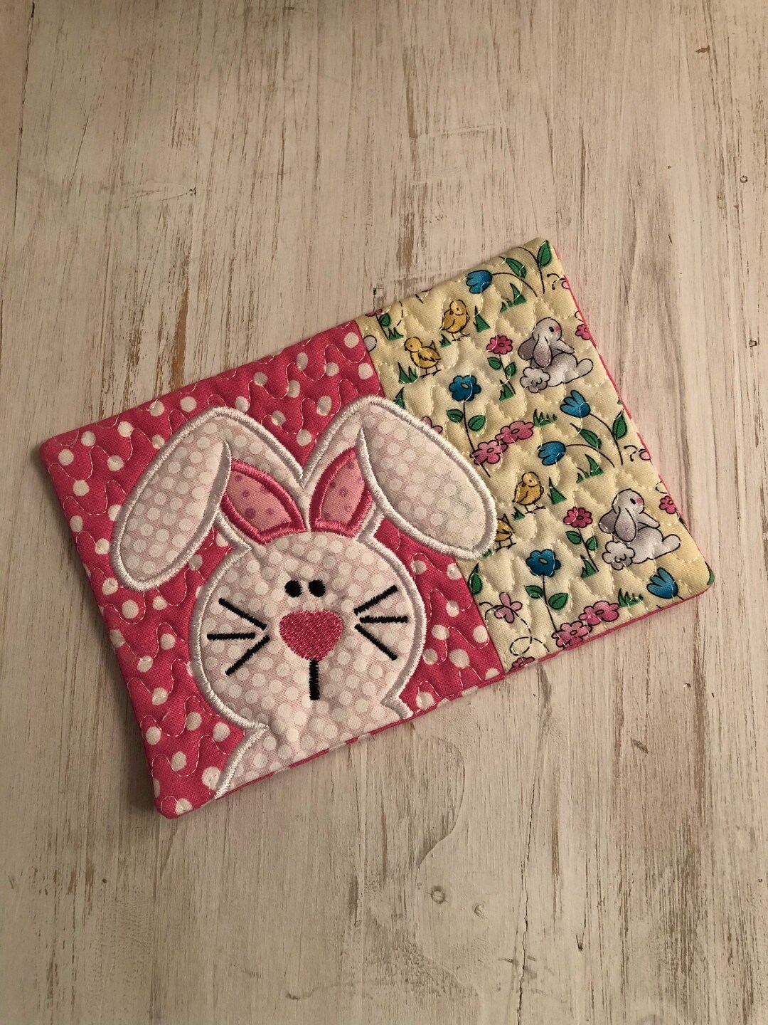 Bunny/easter Mug Rug,pink Accent,coasters, Easter Gift, Gift, Coffee