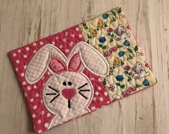 Bunny/Easter Mug Rug,Pink Accent,Coasters, Easter gift, gift, Coffee Lover,Hostess Gift, Fabric Coaster