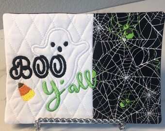 Halloween Mug Rug, Boo Y’all mug rug, green accent color, Coasters,gift,Halloween gift, Coffee Lover,Hostess Gift, Fabric Coaster,