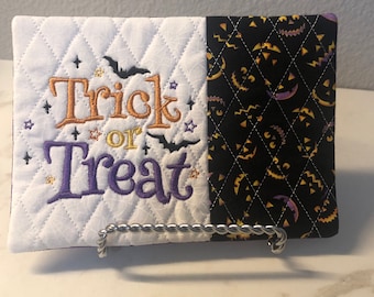 NEW! Halloween Mug Rug, “Trick or Treat”Coaster,gift,Halloween gift, Coffee Lover,Hostess Gift, Fabric Coaster, teacher gift,.