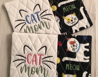 NEW “CAT MOM” mug rug - pink or blue stitching ,Coasters, stocking stuffer, Coffee Lover,Hostess Gift, Fabric Coaster, stocking stuffer