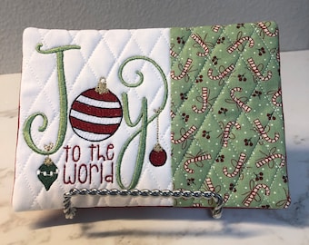 NEW! Christmas mug rug, Joy to the world Mug Rug, Coaster,stocking stuffer, Coffee Lover,Hostess Gift, Fabric Coaster