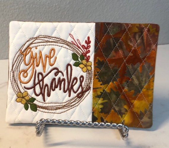 Embroidered Thanksgiving Mug Rug: Fall Fabric Coaster