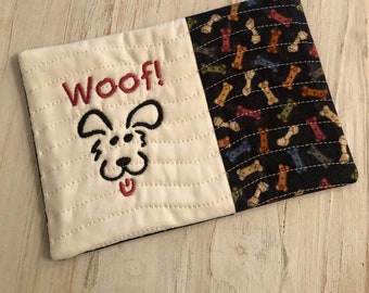Embroidered Dog Mug Rug: Quilted Fabric Coaster