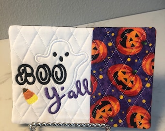 Embroidered Halloween Mug Rug: "Boo Y'all" Fabric Coaster