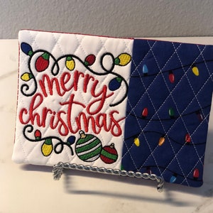 NEW! MERRY CHRISTMAS lights Mug Rug, Christmas Coasters,stocking stuffer, Coffee Lover,Hostess Gift, Fabric Coaster, stocking stuffer