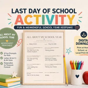 All About My School Year Printable, End of Year Reflection Worksheet, Student Memory Keepsake