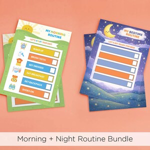 May include: Two illustrated routine charts, one for morning and one for bedtime. The morning chart has a sun graphic and lists tasks like "Wake Up" and "Shoes On." The bedtime chart features a moon and stars and lists tasks. The text "Morning + Night Routine Bundle" is at the bottom.