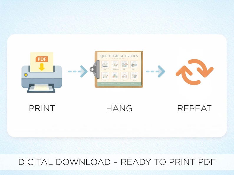 May include: An illustrated guide for quiet time activities. The image shows a printer, a clipboard with illustrations, and a repeat symbol. The text reads "PRINT", "HANG", and "REPEAT". The words "DIGITAL DOWNLOAD - READY TO PRINT PDF" are also present.