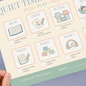 May include: A beige and blue "Quiet Time" chart with illustrated activity options like reading, drawing, and puzzles. The chart includes checkboxes and space for a name and date, promoting structured downtime.