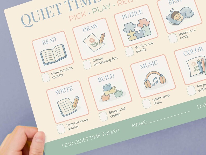 May include: A beige and blue "Quiet Time" chart with illustrated activity options like reading, drawing, and puzzles. The chart includes checkboxes and space for a name and date, promoting structured downtime.