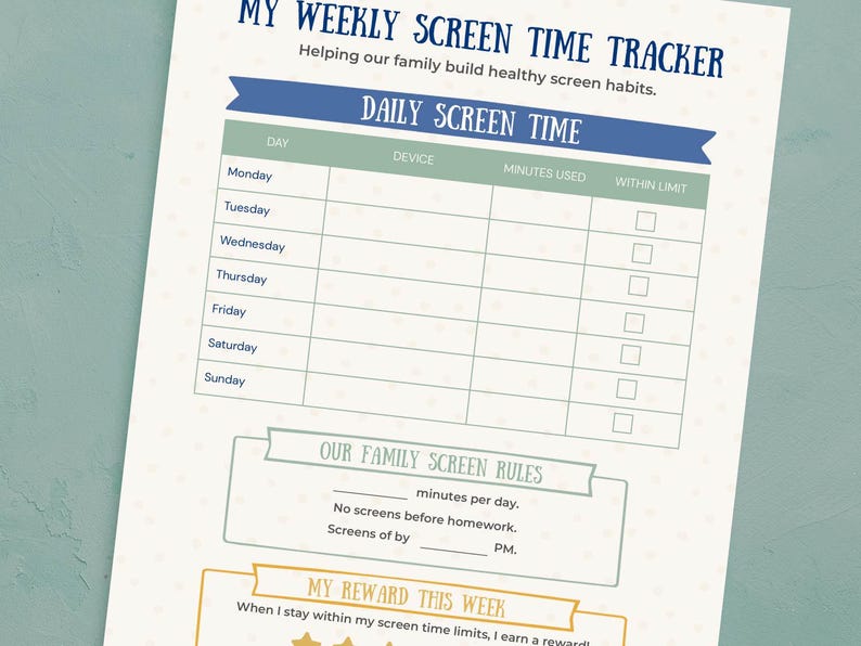 Weekly Screen Time Tracker for Kids | Family Screen Rules Chart ...