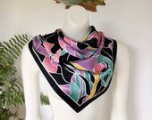 80s midnight floral scarf stained glass square large Iris print silky vintage Art Nouveau