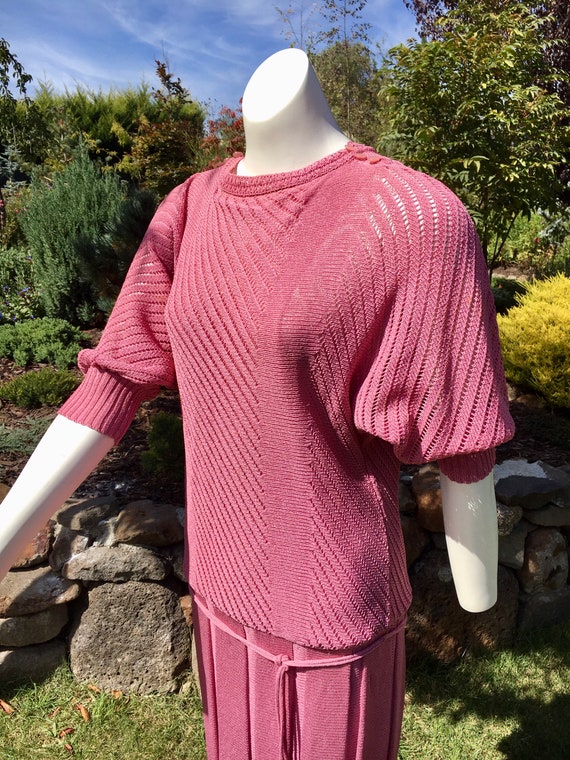 80s pink mauve knit crochet dress dropped waist p… - image 7