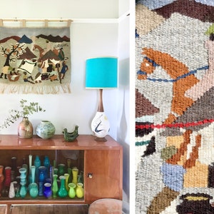 Vintage Afrikaans Lesotho met de hand geverfd en geweven vezels wol tapijt textiel volkskunst grote rand figuratieve muur hangende mensen paardenhuis