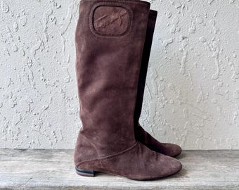 Vintage Salvatore Ferragamo Suede Boots Brown Slouch Knee High Italian Designer Boots 1980s Minimalist Riding Boots EU 9D