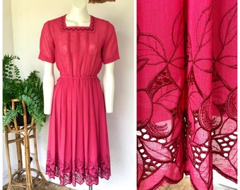80s cranberry dark pink tea dress embroidery cutwork hem square neck pleated short sleeve Japanese vintage