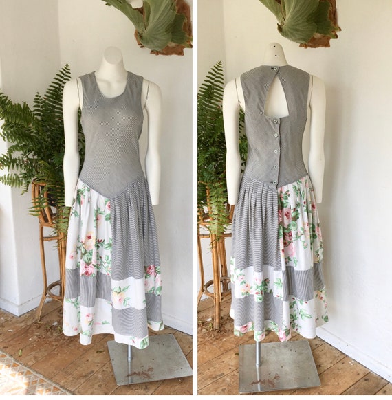 80s Sally BROWNE drop waist stripe floral patchwor