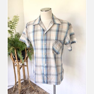 80er Jahre Vintage Karohemd kurzarm blau beige M