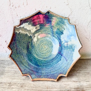 Vintage Graeme Bentley Australian Studio Pottery Notched Bowl Signed Victorian Ceramic Art 1980s 1990s Stoneware Blue Green