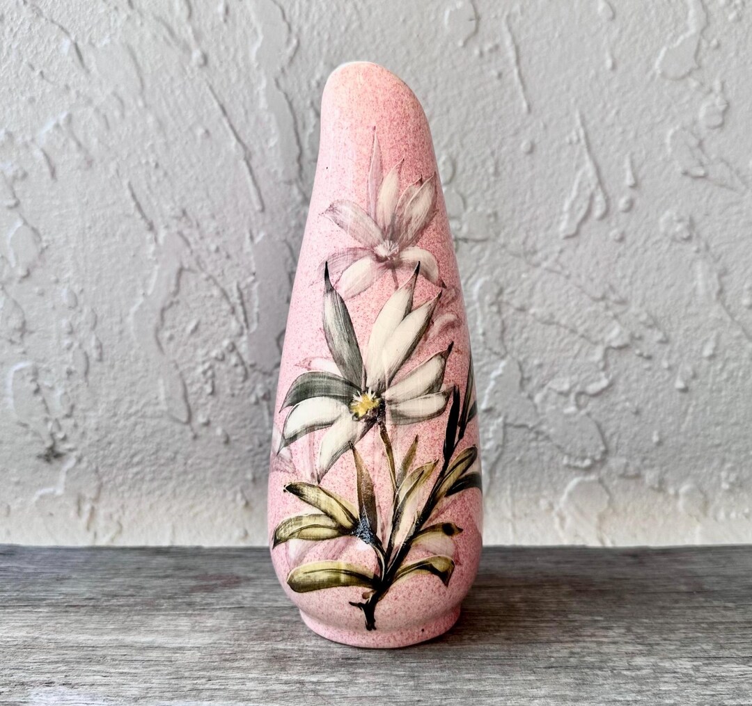 Mid Century Hand Painted Ceramic Bud Vase Pink Floral 1960s Modernist ...