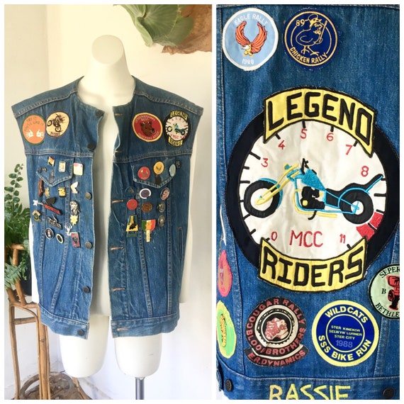 RARE! 80s motorcycle vest denim patches pins swee… - image 8