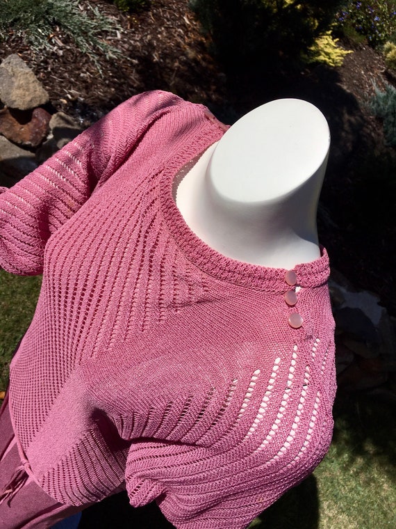 80s pink mauve knit crochet dress dropped waist p… - image 5