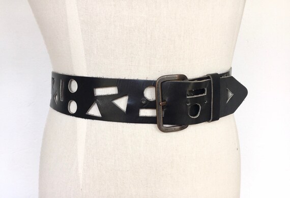 80s black leather belt punched geometric wide wais