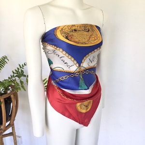 1950s vintage large silk New Zealand square scarf souvenir kiwi coins tassels ropes chains red white blue gold