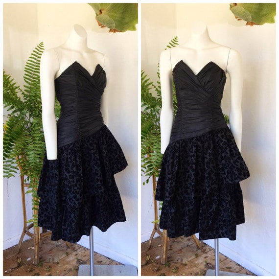 80s black tiered prom cocktail dress vintage strap