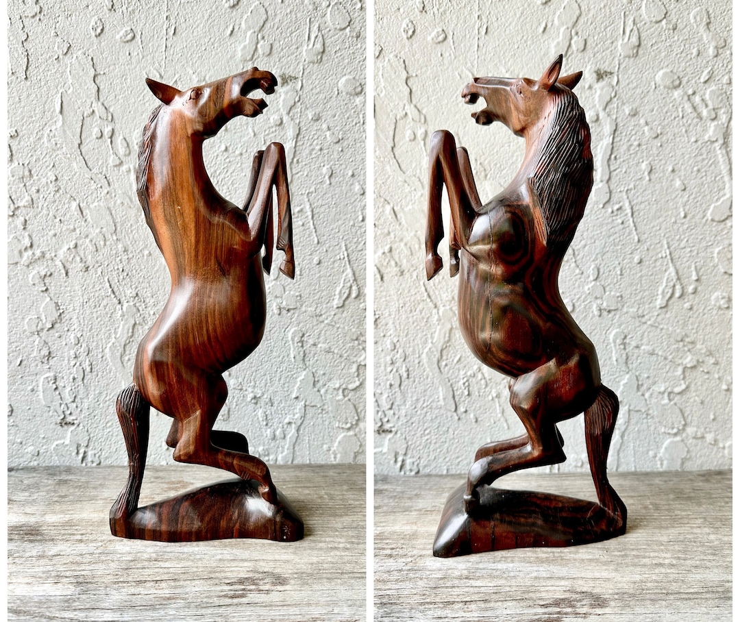 Vintage Wooden Carving Sculpture Rearing Horse Balinese Indonesian Artisan Made Shelf Home Decor