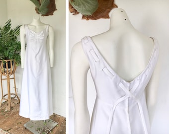 1960s wedding dress minimalist simple vintage mod sleeveless maxi length empire line threaded detail a line small white simple