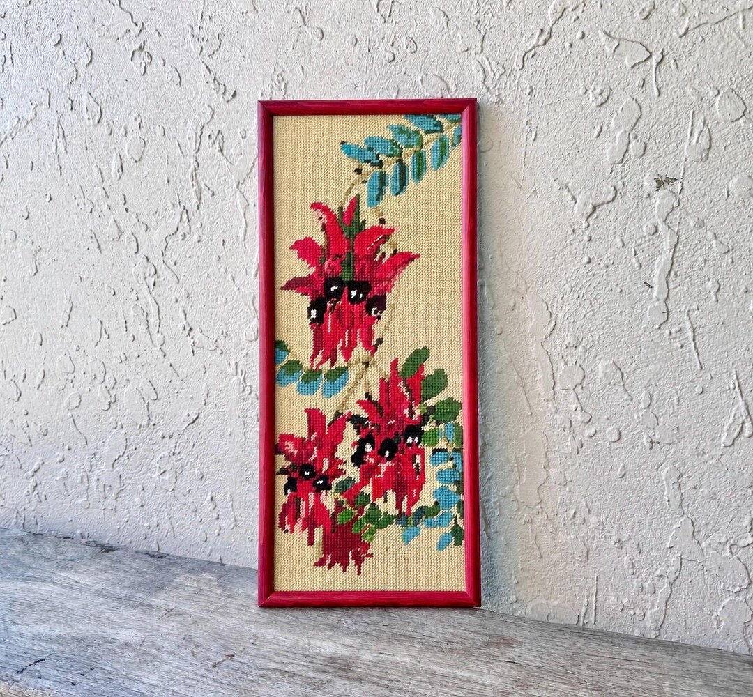 Vintage Floral Needlepoint Wall Art Framed Embroidery Kangaroo Paw ...
