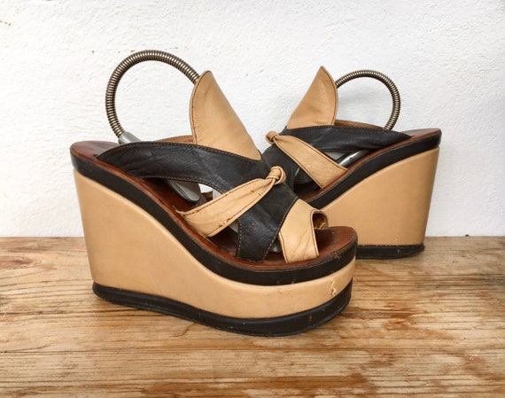 Authentic 70s platform mules two tone brown tan sl