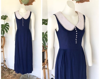 60s dress blue white Peter Pan oversized collar sleeveless maxi vintage small royal crochet rayon buttons