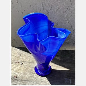 Vintage Cobalt Blue Handkerchief Fluted Glass Vase Hand Blown Small Swirl Ruffle Rim Mid Century