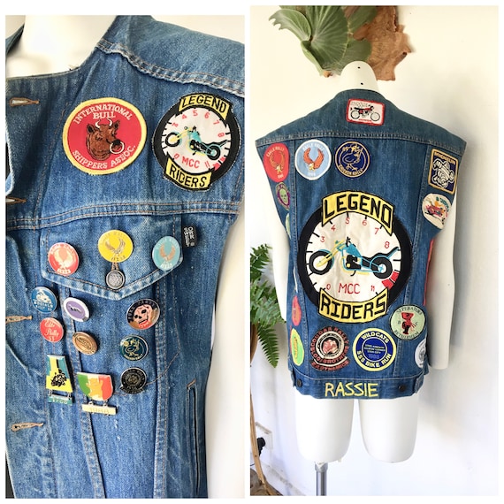 RARE! 80s Motorcycle Vest Denim Patches Pins Sweet Orr Mens RARE! 80s Motorcycle Vest Denim Patches Pins Sweet Orr Mens