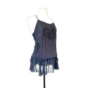 90s Y2K VERSACE Jeans Couture top black blouse silk beaded slip flapper influenced floral drawstring waist spaghetti strap vintage