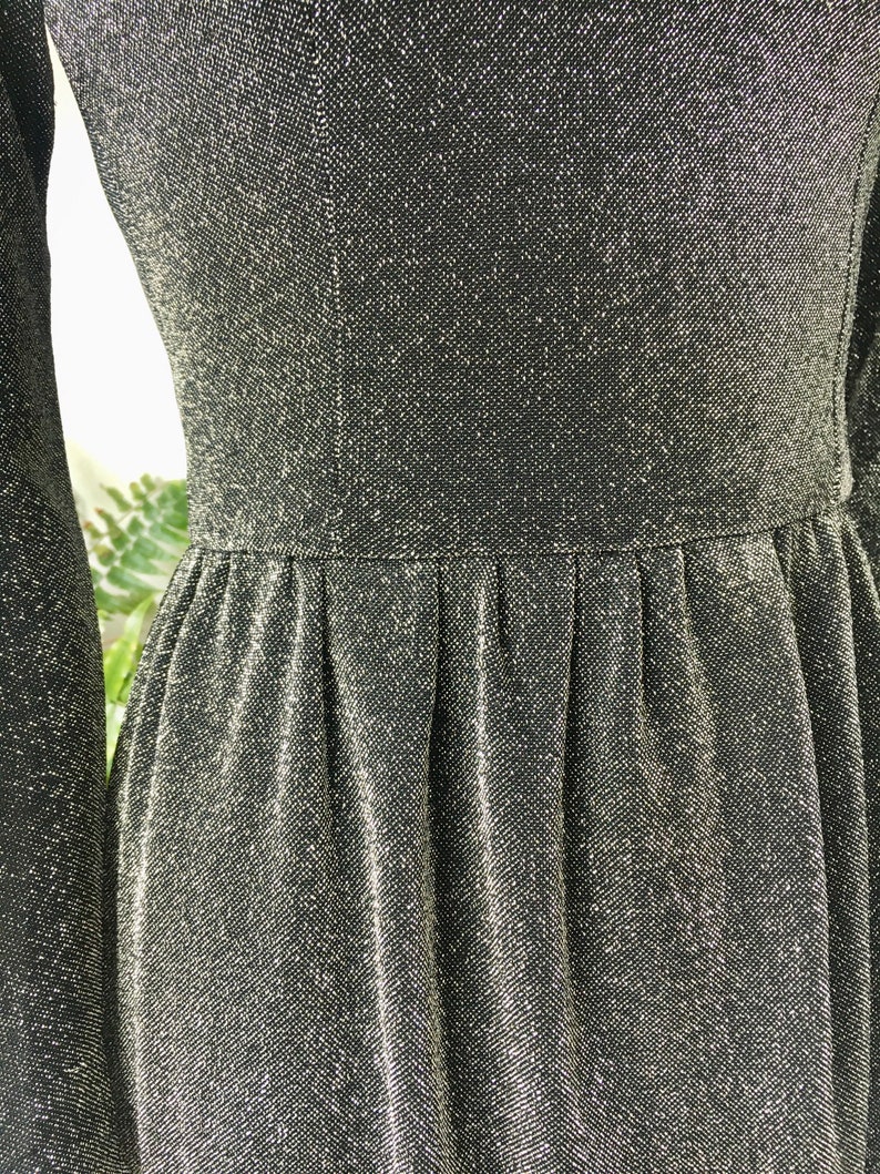 May include: A black dress with a sparkly silver texture. The dress has a fitted bodice and a flowing skirt.