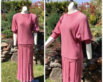 80s pink mauve knit crochet dress dropped waist puff batwing sleeves tie belt vintage