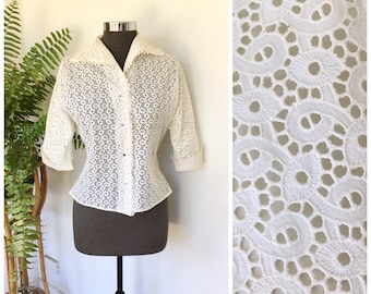 50s shirtwaist blouse broderie anglaise cotton white lace crochet eyelet collar cures short sleeve button through Flamingo